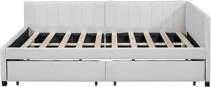 Harper & Bright Designs Full Size Upholstered Daybed with 2 Storage Drawers Sofa Bed Frame for Boys Girls Kids Adults Toddler No Box Spring Needed, Linen Fabric (Beige)