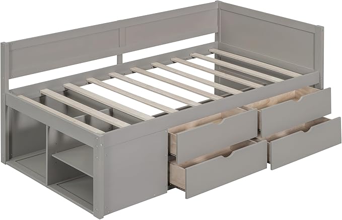 Twin Size Daybed with 4 Storage Drawers and Shelves, Wooden Twin Platform Bed Frame with L-Shaped Headboard and Slats Support, Corner Bed Twin Captain Beds for Kids Boys Girls Teens, Gray