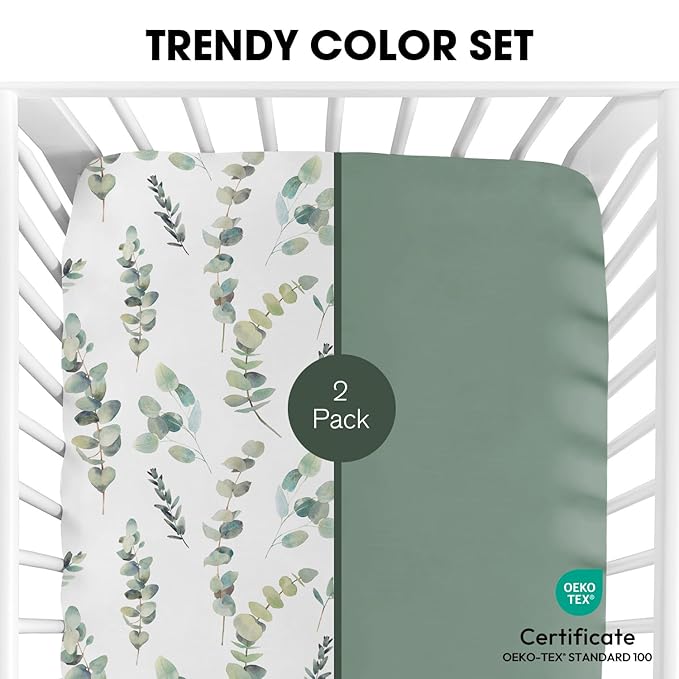 Little Grape Land Pack and Play Sheets Mini Crib Sheets Soft Breathable Pack N Play Sheets, Playard Fitted Sheet 2 Pack Stretchy Fits 38"x26" Playard Mattress, Green Leaves