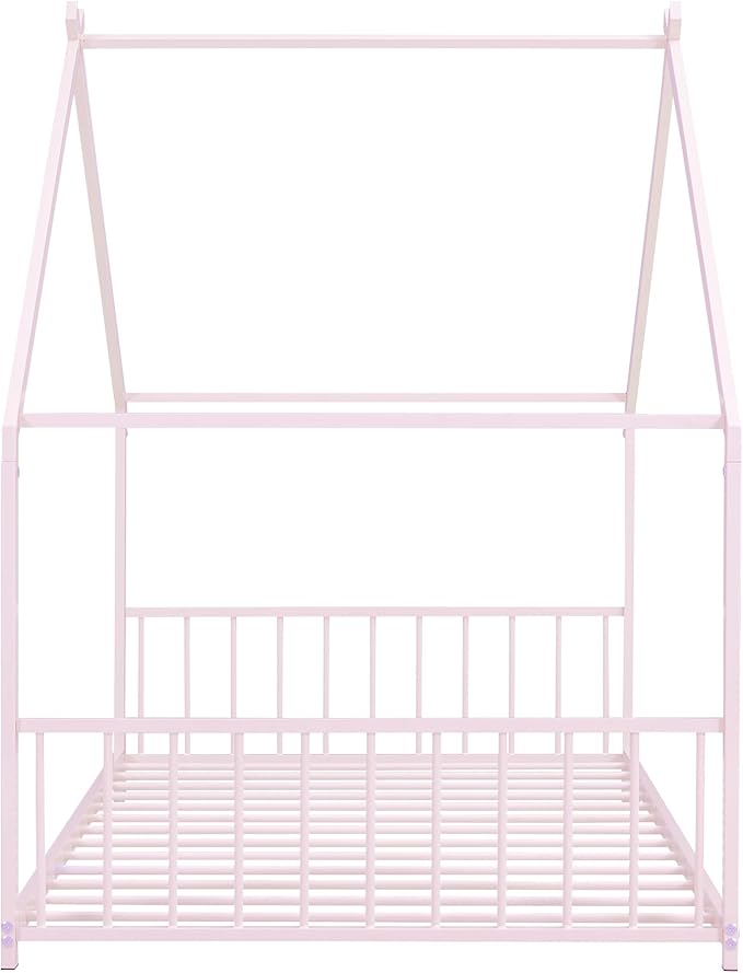 Twin Size House Shaped Montessori Platform Beds, Wood Floor Bed Frame with Roof and Fence Deisgn, Kids Double Toddler Bed for Children Boys Girls, Easy Assemble, No Box Spring Needed, Pink