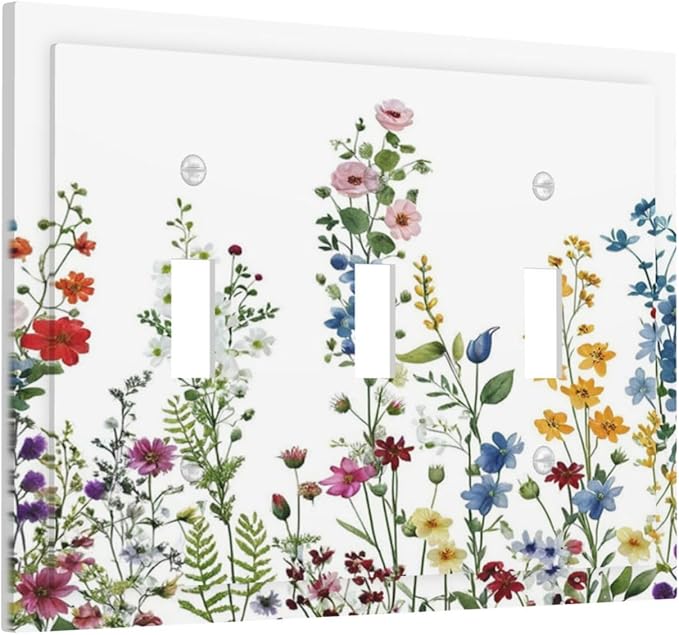 Light Switch Cover Plate Colorful Wildflowers Plants Flowers on White Background 3 Gang Switch Plate Covers Triple Toggle Decorative Wall Plates Electrical Faceplate for Bathroom Home Decor