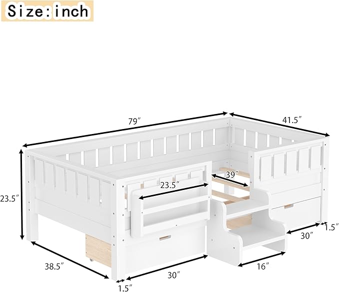 Bellemave Twin Size Kids Bed with high Rails and with Built-in Bookshelf and Drawers for Kids, Girls, Boys, Wood Montessori Bed Without Door, White
