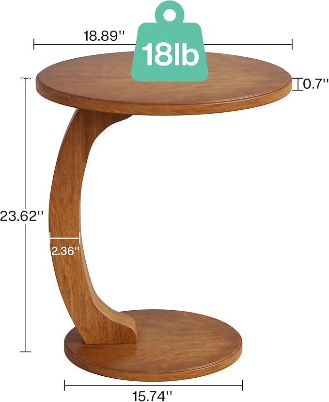 Tribesigns Small Round End Table for Living Room, C-Shaped Sofa Side Table for Couch, Retro Boho Bedside Nightstand, Brown