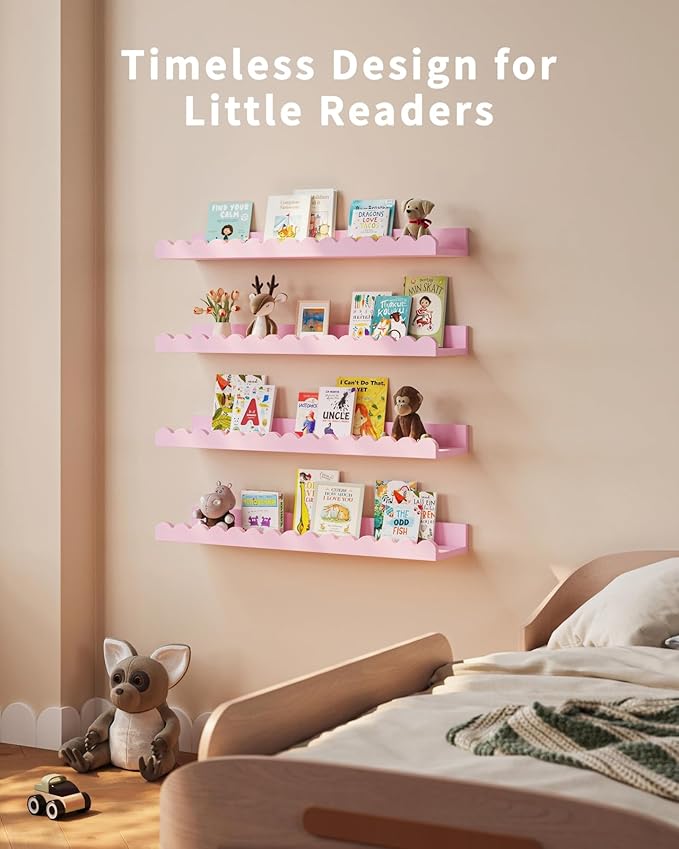 Shario Nursery Book Shelves, 4-Pack White Floating Shelves for Wall Kids, Scalloped Shelves, Wall Book Shelves for Bedroom Kids, Toddler Room, Baby Room, Nursery Decor(Pink, 23 Inches)