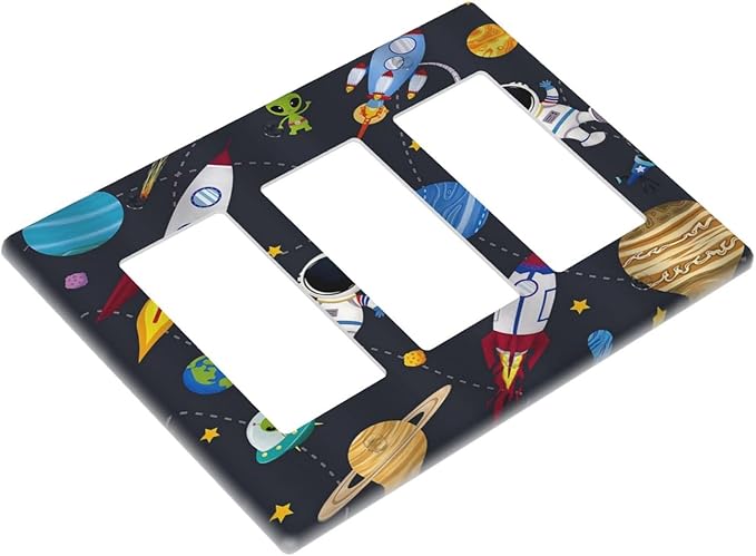Rocket Planets Astronaut Blue Decorative Triple Rocker Light Switch Covers 3 Gang Outlet Wall Plate Cover Decorative Switchplate Faceplate GFCI for Nursery Kidsroom Bedroom Decor