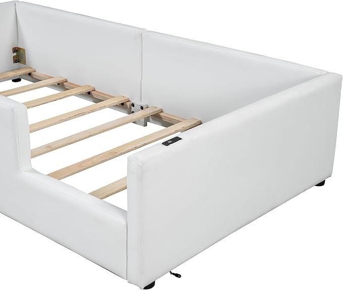 Twin Size Upholstered Platform Bed with Safety Guardrail, Montessori Kids Floor Bed, Child Grounded Bed with Charging Station and Sturdy Slats Support