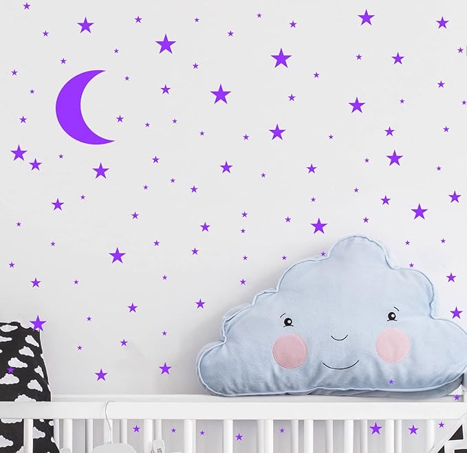Moon and Stars Wall Decal Vinyl Sticker for Kids Boy Girls Baby Room Decoration Good Night Nursery Wall Decor Home House Bedroom Design YMX16 (Purple)