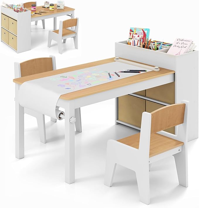 Costzon Kids Table and Chairs, 3 in 1 Wooden Art Drawing Table with 2 Chairs, 4 Fabric Bins, Multiple Open Storage Compartments & a Paper Roll, Toddler Table and Chair Set (Natural)