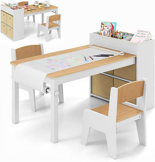 Costzon Kids Table and Chairs, 3 in 1 Wooden Art Drawing Table with 2 Chairs, 4 Fabric Bins, Multiple Open Storage Compartments & a Paper Roll, Toddler Table and Chair Set (Natural)