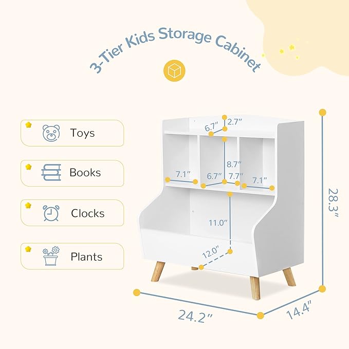 Curipeer Kids Bookshelf and Toy Storage, 3-Tier Wooden Open Bookcase, Baby Book and Toy Storage Display Organizer with Spacious Top Shelf Children, Friends, Family, White