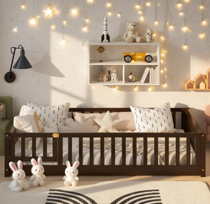 Bellemave Twin Size Floor Bed for Kids, Girls, Boys, Rubber Wood Floor Bed with slats and Door, Espresso