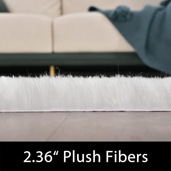 Latepis High Pile Faux Fur Area Rug, 5 x 8 ft, White, Fluffy Rug for Bedroom, Living Room, Playroom, Nursery