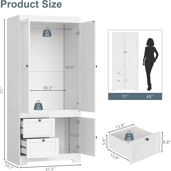 2 Doors Armoire Wardrobe Closet with 2 Drawers, Modern Modular Closet Wardrobe Cabinet with Shelves and Hanging Rod, Freestanding Wooden Armoire for Bedroom, White