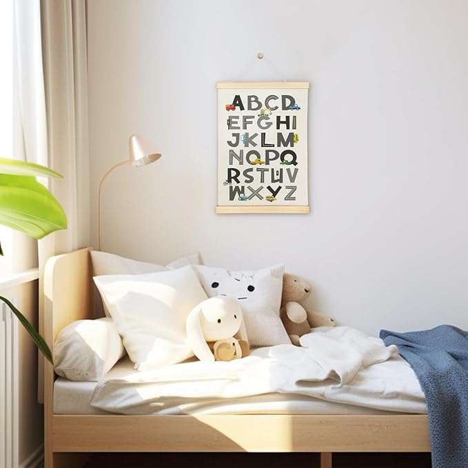 SereneHanctuary Car Alphabet Educational Learning Poster For Toddlers,Educational ABC Car Nursery Poster Hanger Frame for Nursery Boys Room Classroom Decor,12X16Inches