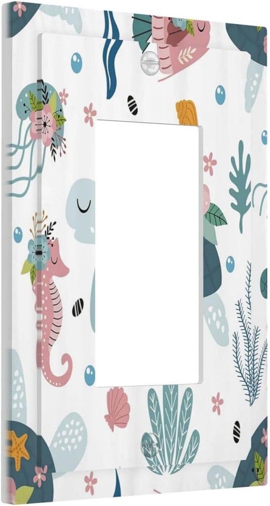 Underwater Floral Turtle Animal Single Rocker Light Switch Covers 1 Gang Outlet Cover Wall Plate Decorative GFCI Switchplate Faceplate for Nursery Kidsroom Bedroom Decor