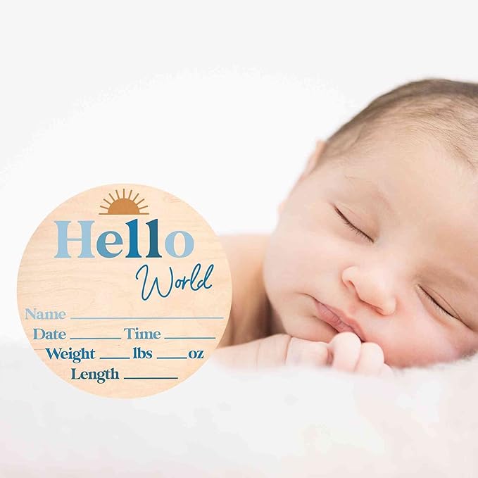 Hello World Newborn Sign - Baby Name Birth Announcement Plaque for Hospital - Photo Prop - Nursery Decor - Shower Gift