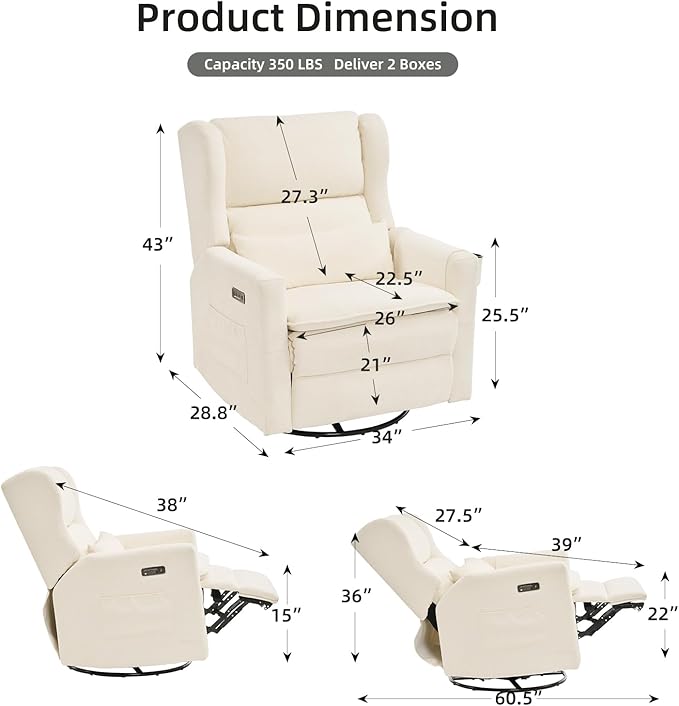 Oversized Swivel Rocker Recliner Chair, 26" Extra Wide Nursery Glider Recliner with Adjustable Headrest, Power Recliner Swivel Glider with Double Cushion, Cup Holder, White