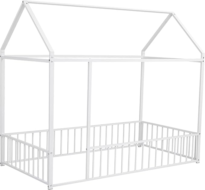 Bellemave Twin Size Montessori Floor Bed, Metal House Bed Framefor Kids, Montessori Floor Beds with Fence, Playhouse for Kids,White