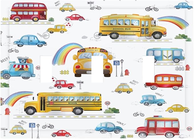 Kids Bus Taxi Truck 3 Gang Light Switch Covers Triple Toggle Wall Plate Decorative Switchplate Electrical Faceplate for Nursery Kidsroom Bedroom Decor