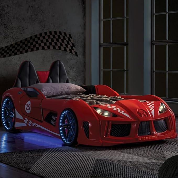 MASARA Race Car Twin Bed with LED Lights, Music Player, Magnetic Doors (Red)