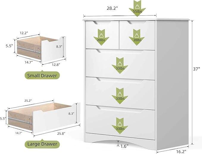 Gizoon 5 Drawers Chest, White Dresser for Bedroom with Large Storage Capacity, Chest of Drawers with Embedded Handle, Deep-Drawer Dresser for Closet with Anti-Tip Kit，for Hallway, Office, Living Room