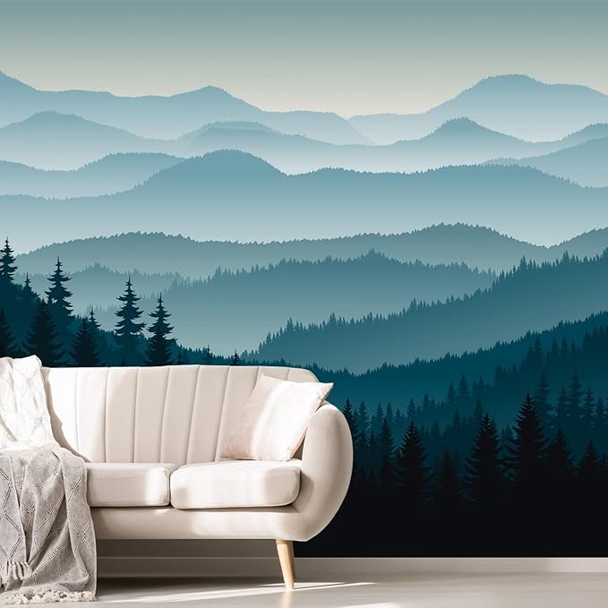 Nature Wallpaper Blue Mountain Foggy Forest Wall Mural for Bedroom Living Room (Not Peel n' Stick)