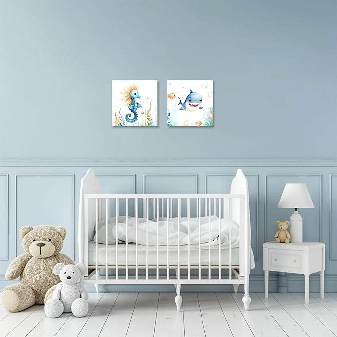 2 Piece Ocean Sea Canvas Wall Art for Nursery Decor - Cute Baby Seahorse Shark Underwater Paintings Pictures Ocean Theme Sea Life Posters Prints for Kids Room Bathroom Decor(Artwork-02, 12"x12"x2P)