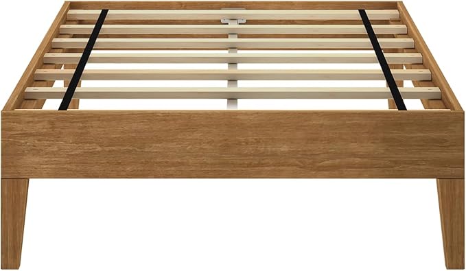 Max & Lily Fundamental Twin Platform Bed Frame, Kids Modern Solid Wood Bed, Strong Wooden Slats, Non-Toxic Finishes, Matte Pecan
