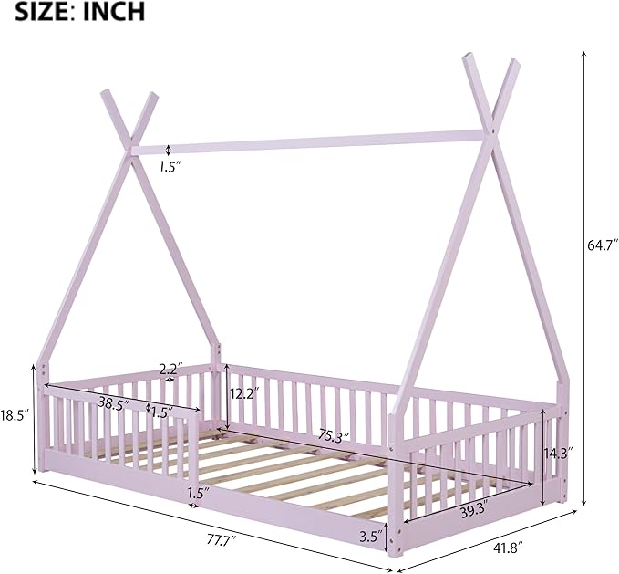 Merax Twin Size House Platform Frames Bed Floor Bed with Fence for Boys or Girls, No Box Spring Needed(Slats Kit Included), Pink