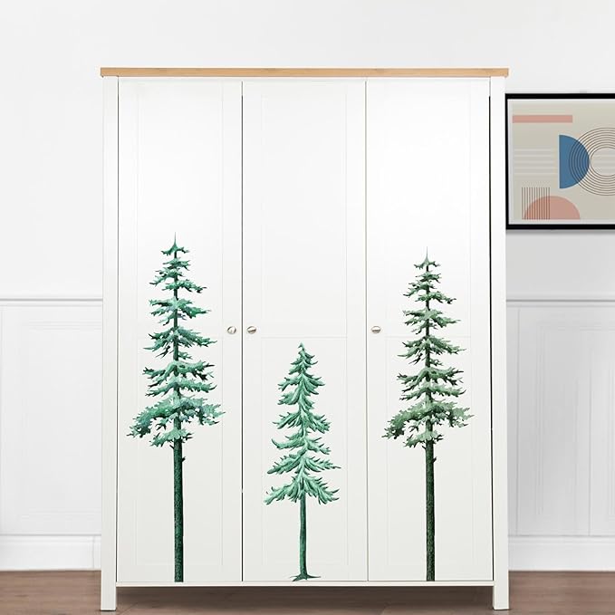 Large Pine Tree Wall Decal Big Pine Trees Wall Stickers Watercolor Green Tree Wall Sticker Winter Forest Plants Wall Decals Xmas Woodland Trees Stickers for Bedroom Nursery Living Room