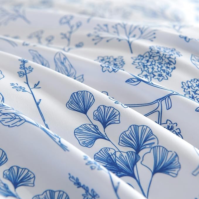 Blue Floral Duvet Cover Queen 3Pcs Botanical Flower Bedding Set Soft Microfiber Cottagecore Flowers Duvet Cover Set with 2 Pillowcases(No Comforter)