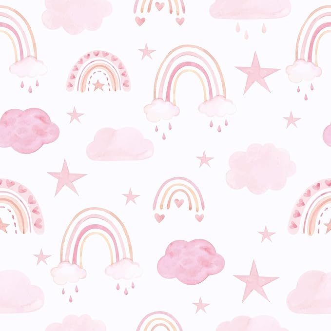 CHIHUT Watercolor Pink Rainbow Peel and Stick Wallpaper Boho Cute Rainbow Contact Paper for Cabinets Walls 17.7”x100” Kids Self Adhesive Removable Wallpaper Mural for Nursery Classroom Playroom