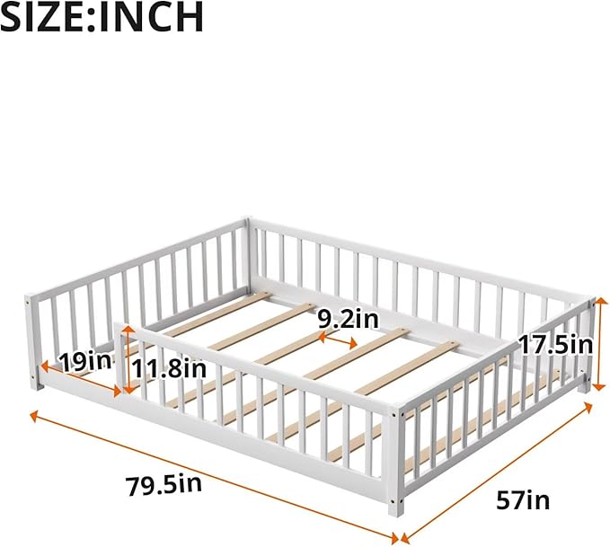 LLS Full Floor Bed for Kids Toddlers, Solid Wood Multifunctional Montessori Bed Frame with Safety Guardrails, Without Door, Easy Assemble, White