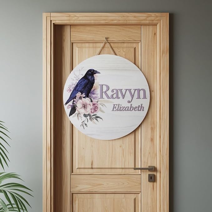Personalized Baby Name Signs for Nursery, Flowers Raven Sign for Baby Door Decor, Newborn Gifts for Girl, Girls Nursery Wall Bedroom Decorations, Mother's Day Gifts for New Mom Dad Gift