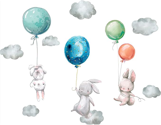 Maydahui Flying Bunny Wall Stickers Removable Peel and Stick Watercolor Cartoon Animal Wall Decal (36 x 28 Inch) Balloon Cloud Cute Rabbit Sticker Decor for Kids Bedroom Nursery Living Room Birthday