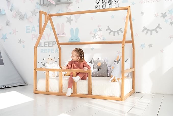 BUSY WOOD Toddler Floor Bed Frame - Montessori Floor Bed for Toddlers - Bed Frames Montessori - Kids Floor Bed- House Bed Frame - Twin Floor Bed Toddler, Queen, Full, Small, King (Model 1)