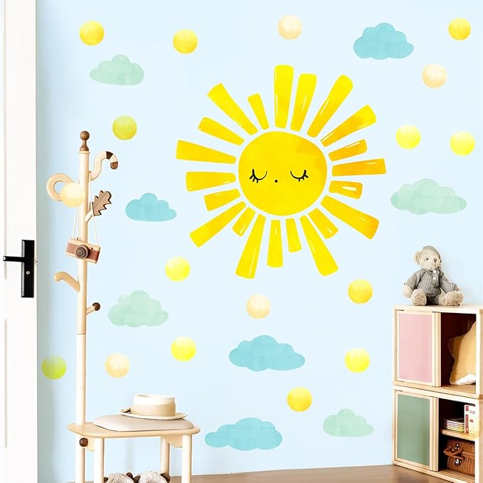 Watercolor Sun Cloud Wall Decals Large Sun and Clouds Wall Stickers Yellow Polka Dots Decal Peel and Stick Big Sun Wall Stickers for Kids Room Baby Nursery Bedroom Playroom Decor