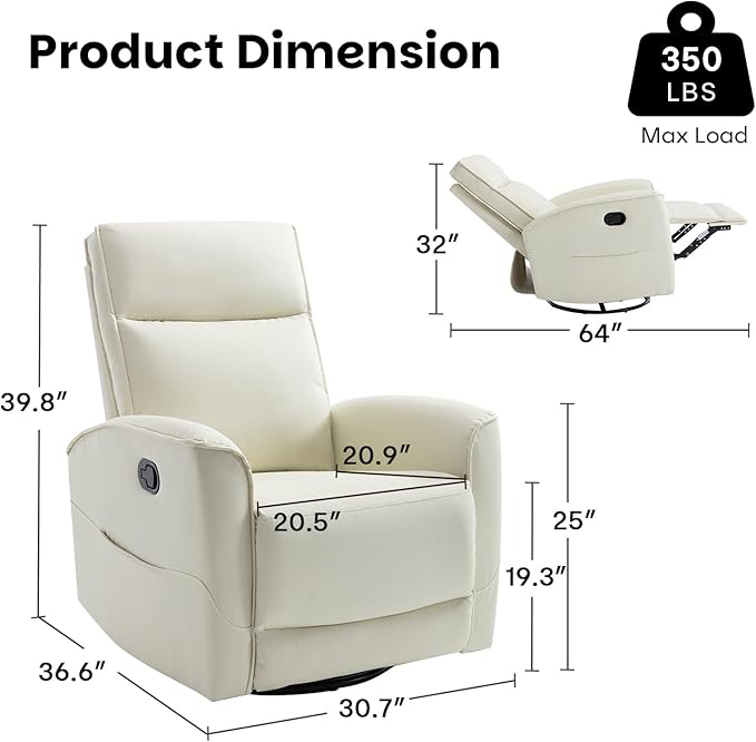 CANMOV Rocker Recliner Chair,360°Swivel Nursery Glider Recliner,Manual Recliner Sofa with Padded Armrest and Backrest,Leather Recliner for Small Spaces,Living Room,Bedroom (White)