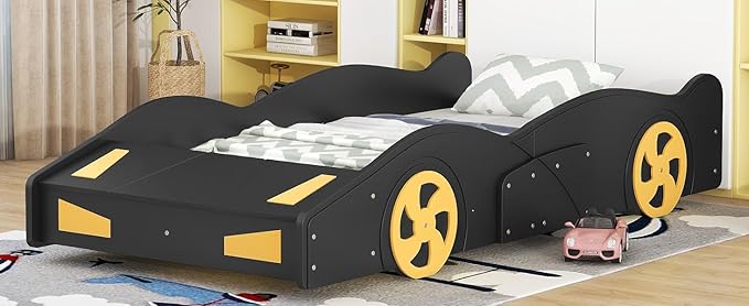 Twin Size Race Car-Shaped Platform Bed Bedframe with Wheels and Storage, 90.6" L * 40.3" W * 15,7" H Black+Yellow