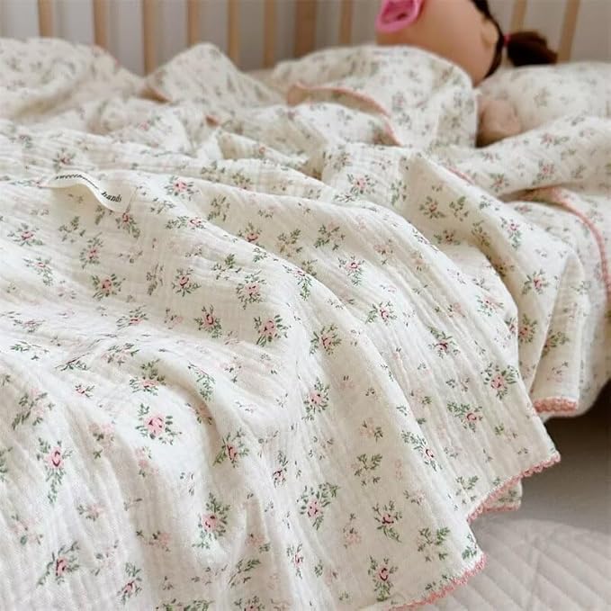 BuLuTu Cotton Muslin Toddler Blanket Pomegranate Flower Pattern Baby Quilt All Seasons, Soft Breathable Lightweight Summer Crib Baby Blanket for Girls Boys Muslin Quilts,47"x51"