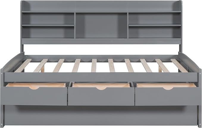Harper & Bright Designs Full Size Captain Bed with Built-in Bookshelves/3 Storage Drawers/Trundle, Wooden Full Daybed Bed Frame for Kids Teens Dorm Bedroom Multipurpose Guest Room, Light Grey