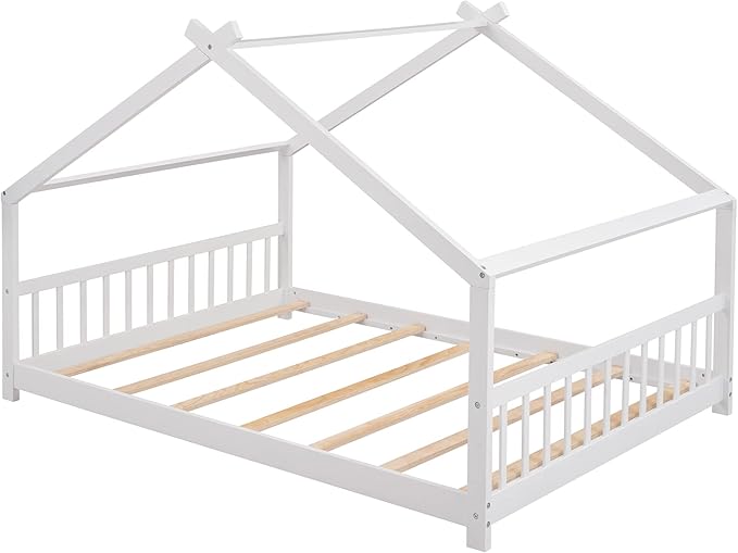 Ball & Cast Full Size Floor Bed,Low to Ground Design Montessori Bed with Roof,Toddler House Bed Frame W/Slats,No Box Spring Needed,for Girls Boys,White