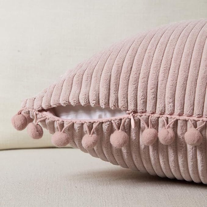 Fancy Homi Pack of 2 Decorative Throw Pillow Covers 22x22 with Pom-poms, Soft Corduroy Solid Square Cushion Pillow Cases Set for Couch Sofa Bedroom Car Living Room (22x22 Inch/55x55 cm, Blush Pink)