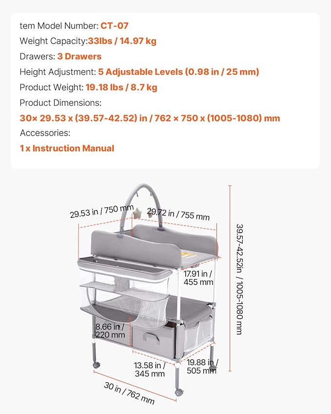 VEVOR Baby Changing Table, Foldable Diaper Change Station with 2 Fabric Drawers, Side Basket and Hanging Rod, Adjustable Height Changing Table with Lockable Wheels and 2 Star Toys, Light Gray