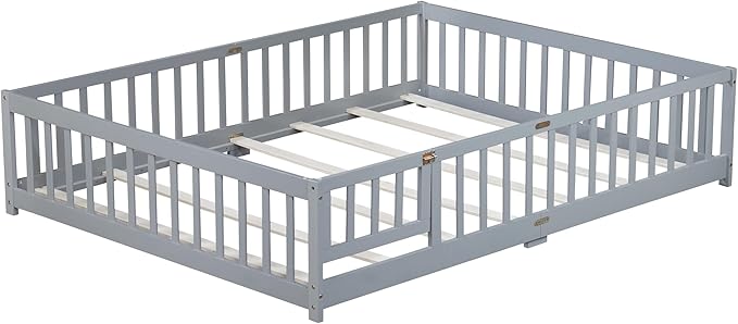 Queen Size Floor Bed for Kids, Wood Montessori Floor Beds with Fence Railings, Door & Slats Support, Queen Playhouse Bed Frame for Boys Girls, No Box Spring Needed, Gray