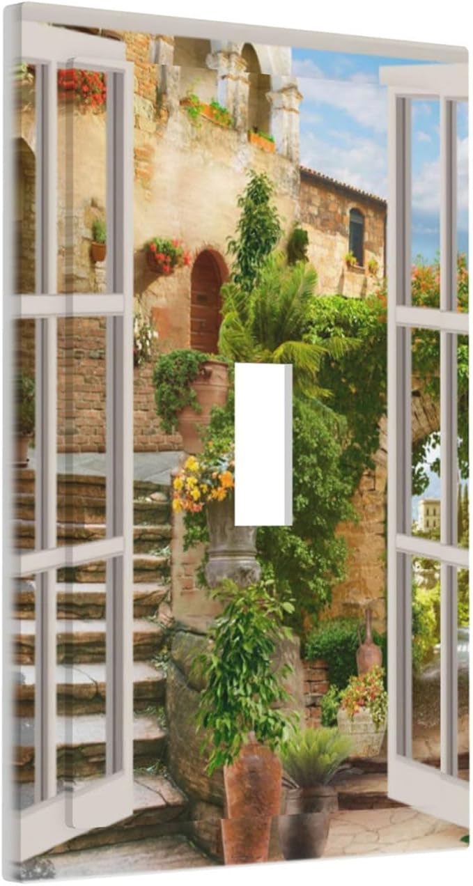 Mediterranean Greece Scene Flowers Single Toggle Wall Plate Covers 1 Gang Light Switch Cover Italian Town from Another Window Faceplate Decorative Electrical for Bathroom Kitchen Home Decor