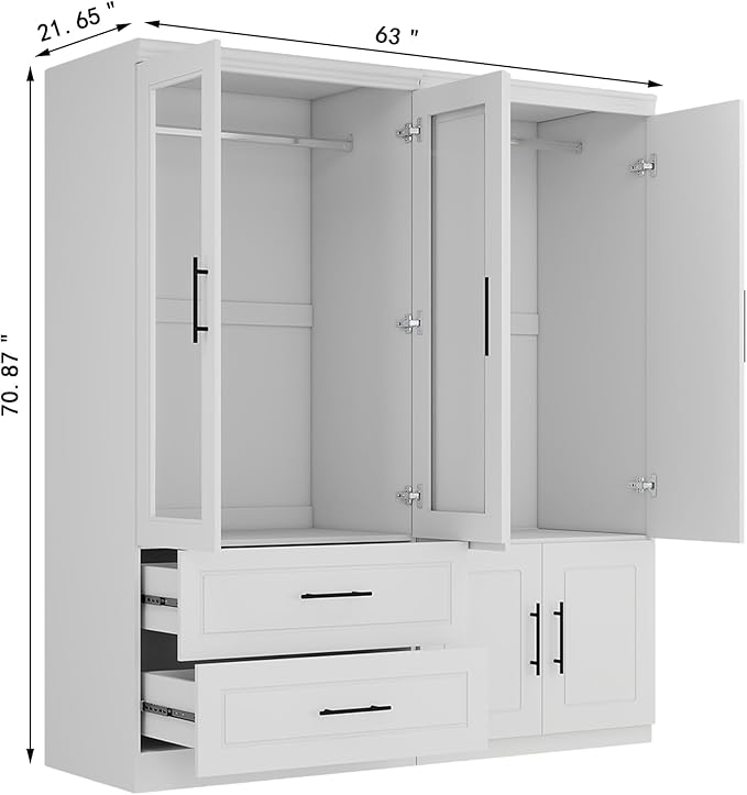 Armoire Wardrobe Closet with 2 Glass Door: White Wood Wardrobe Closet Wooden Bedroom Armoire 2 Drawer with Hanging Rods for Home/Bedroom/Living Room