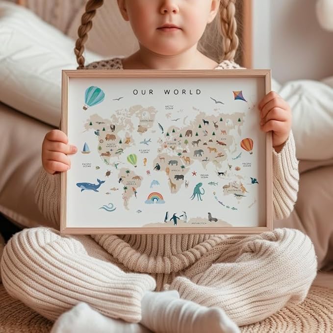 OZCONO Animal World Map Poster, Kids Educational Geography Decor, Safari Animals Nursery Art, Montessori Learning Wall Print (Unframed) (20x30)
