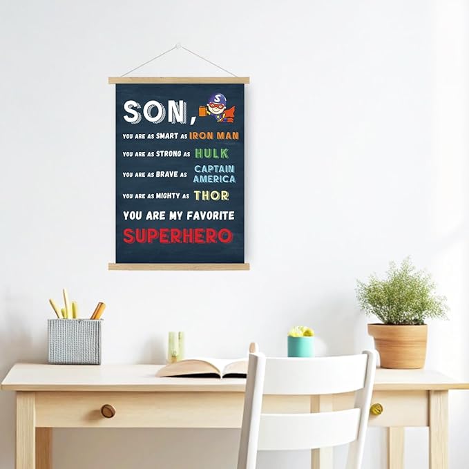 Qswo Son You Are My Favorite Superhero Wall Art Poster Hanger Frame,Inspirational Gifts for Son,Superhero Hanging Canvas Wall Decor for Boys Room Dorm Nursery