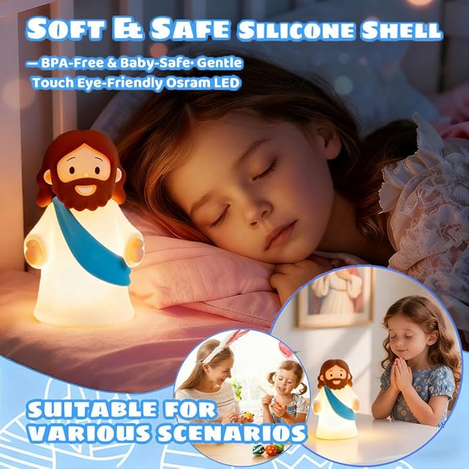 Jesus Night Light Rechargeable Bedside Night Light Dimmable Silicone LED Light Ideal for Religious Gatherings, Gifts for Sunday School, Baptism Presents, Easter Egg Decorations (Blue)